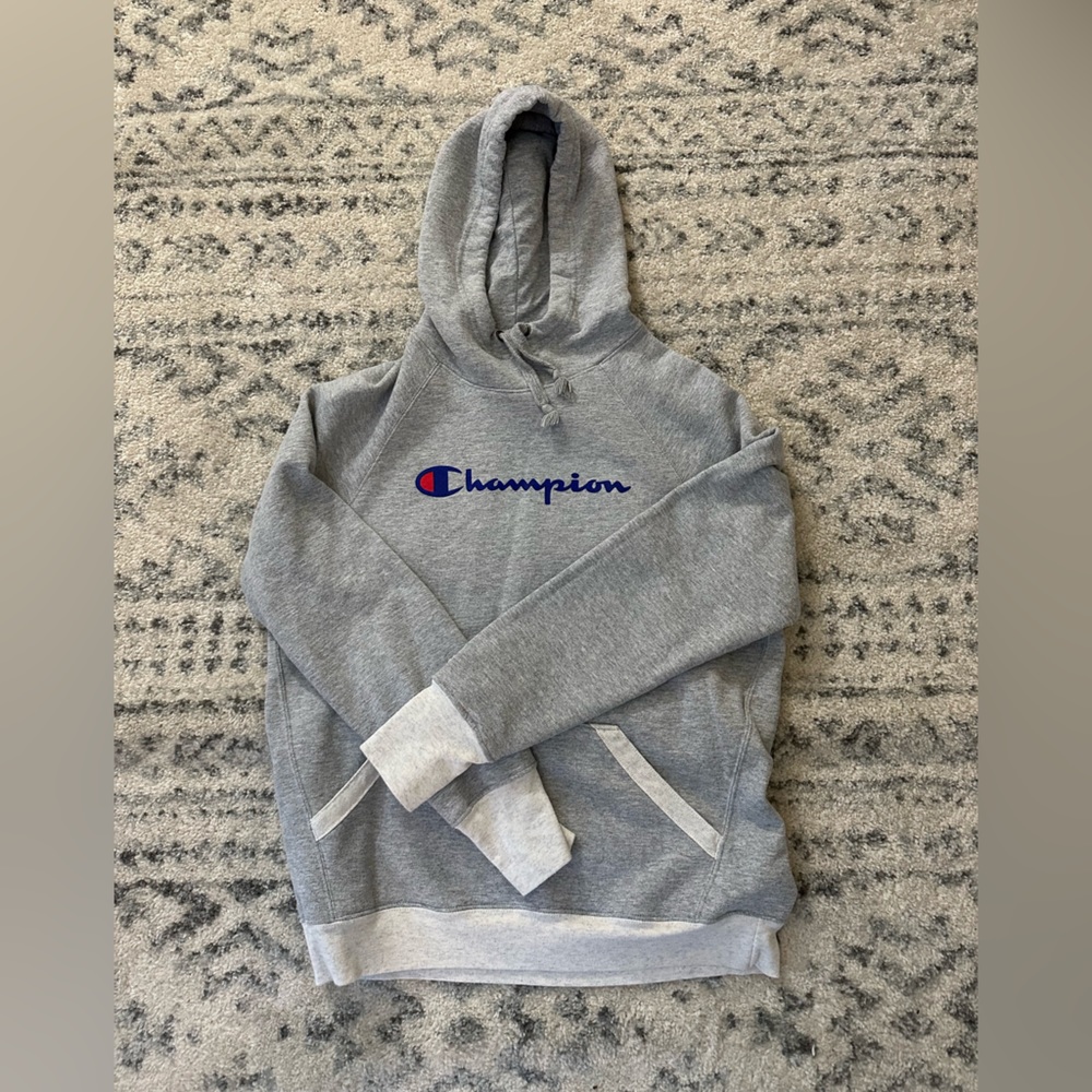Champion Sweatshirt Grey with Light Grey Lining Along Wrist and Waist - Medium